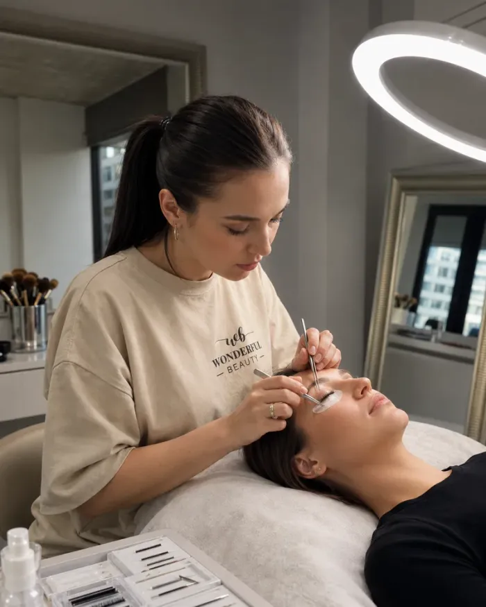 Stylistka podczas przedłużania rzęs w salonie Wonderful Beauty w Poznaniu
